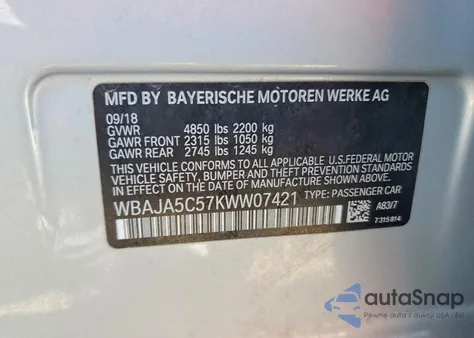 2019 BMW 530 I from USA, damaged, VIN WBAJA5C57KWW07421